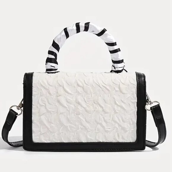 Chic Black/White Textures Floral Mini Crossbody Top Handle Bag w/Twilly - Picture 10 of 13